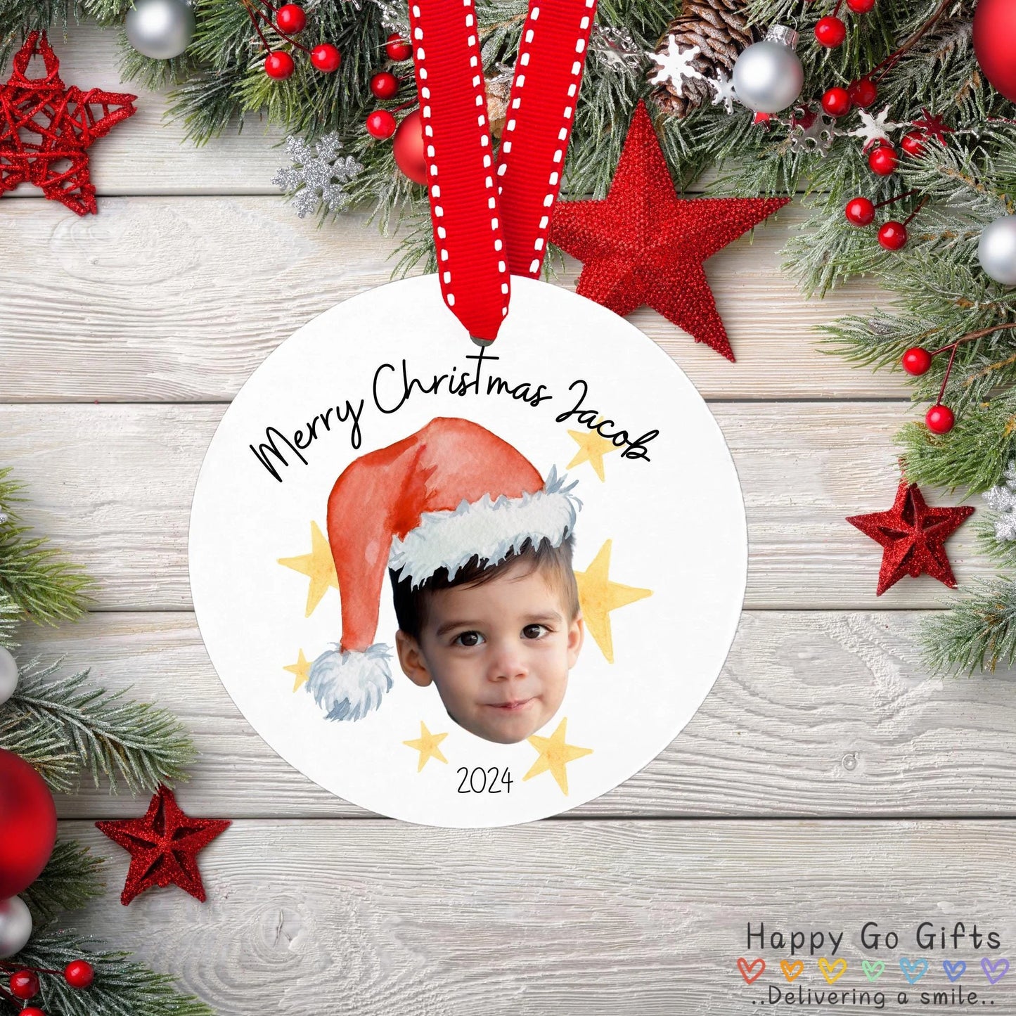 Personalised Photo Kids Adults Christmas Custom Bauble Santa Hat
