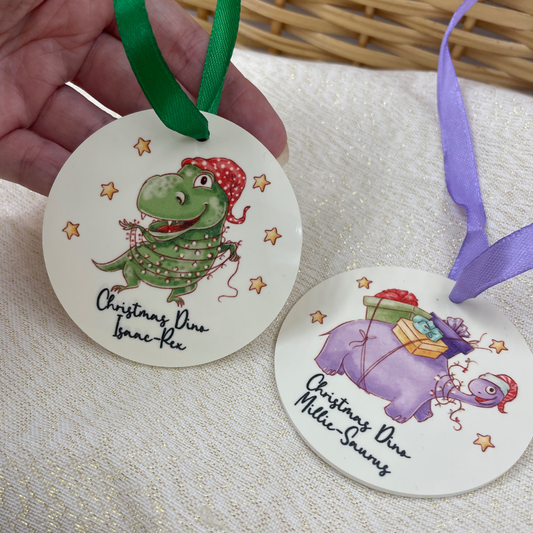 Personalised dinosaur tree Christmas round bauble