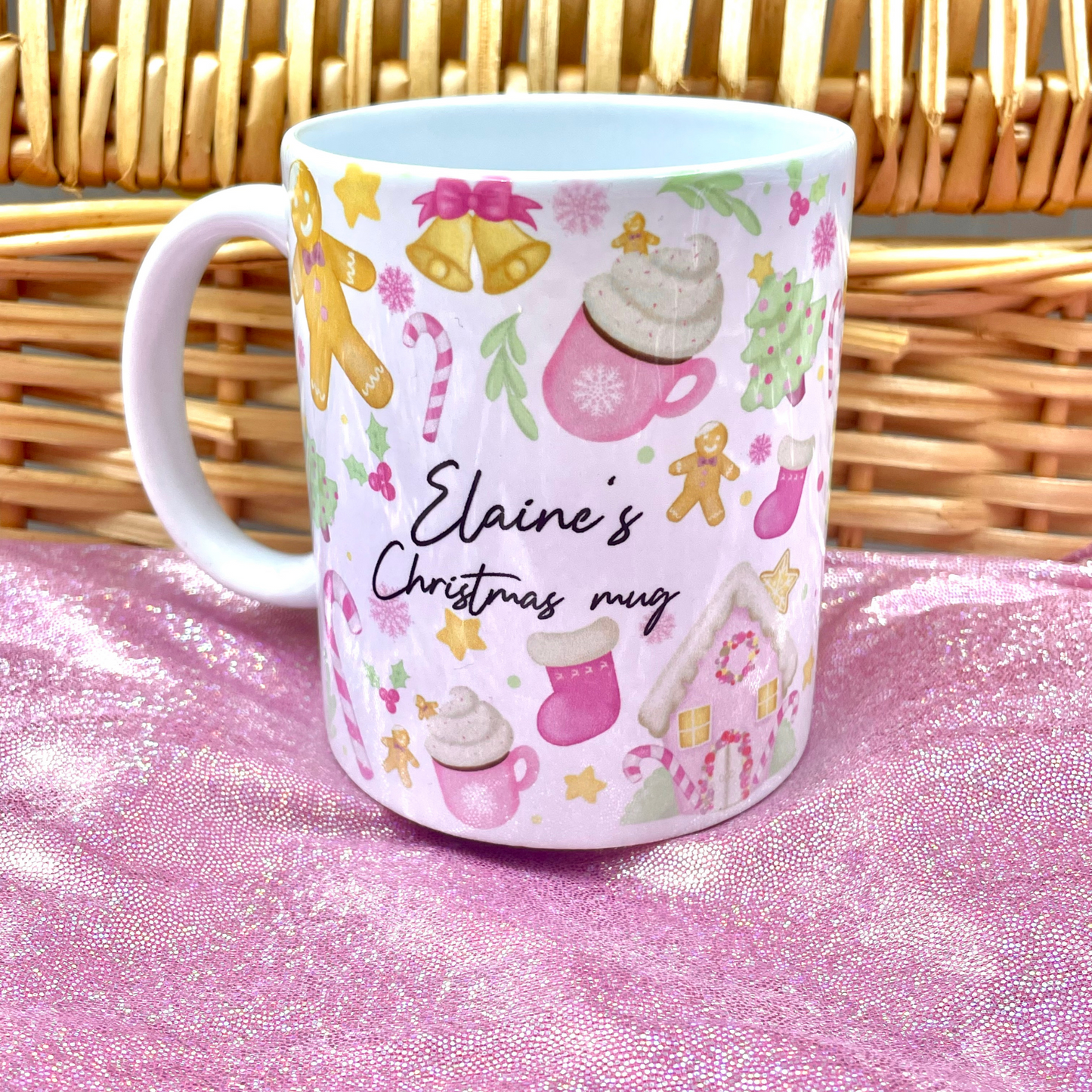 Personalised Christmas pastel pink gingerbread print mug