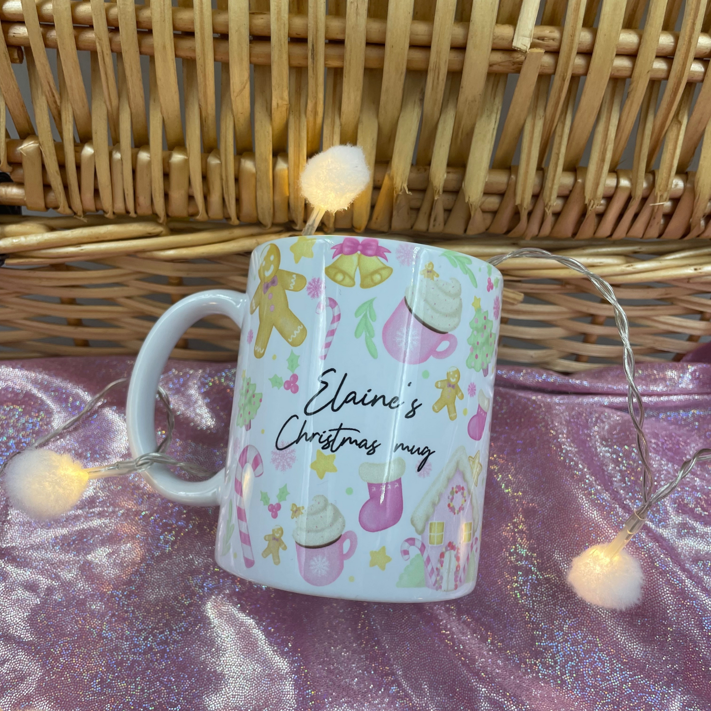 Personalised Christmas pastel pink gingerbread print mug