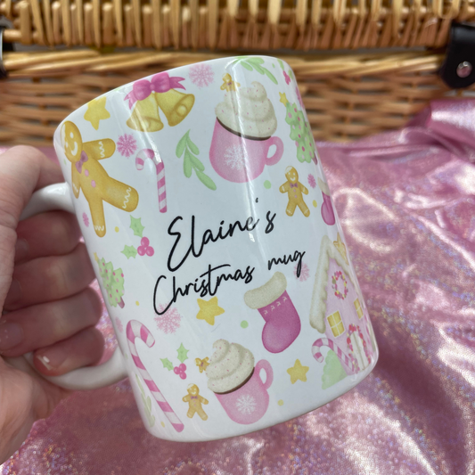 Personalised Christmas pastel pink gingerbread print mug