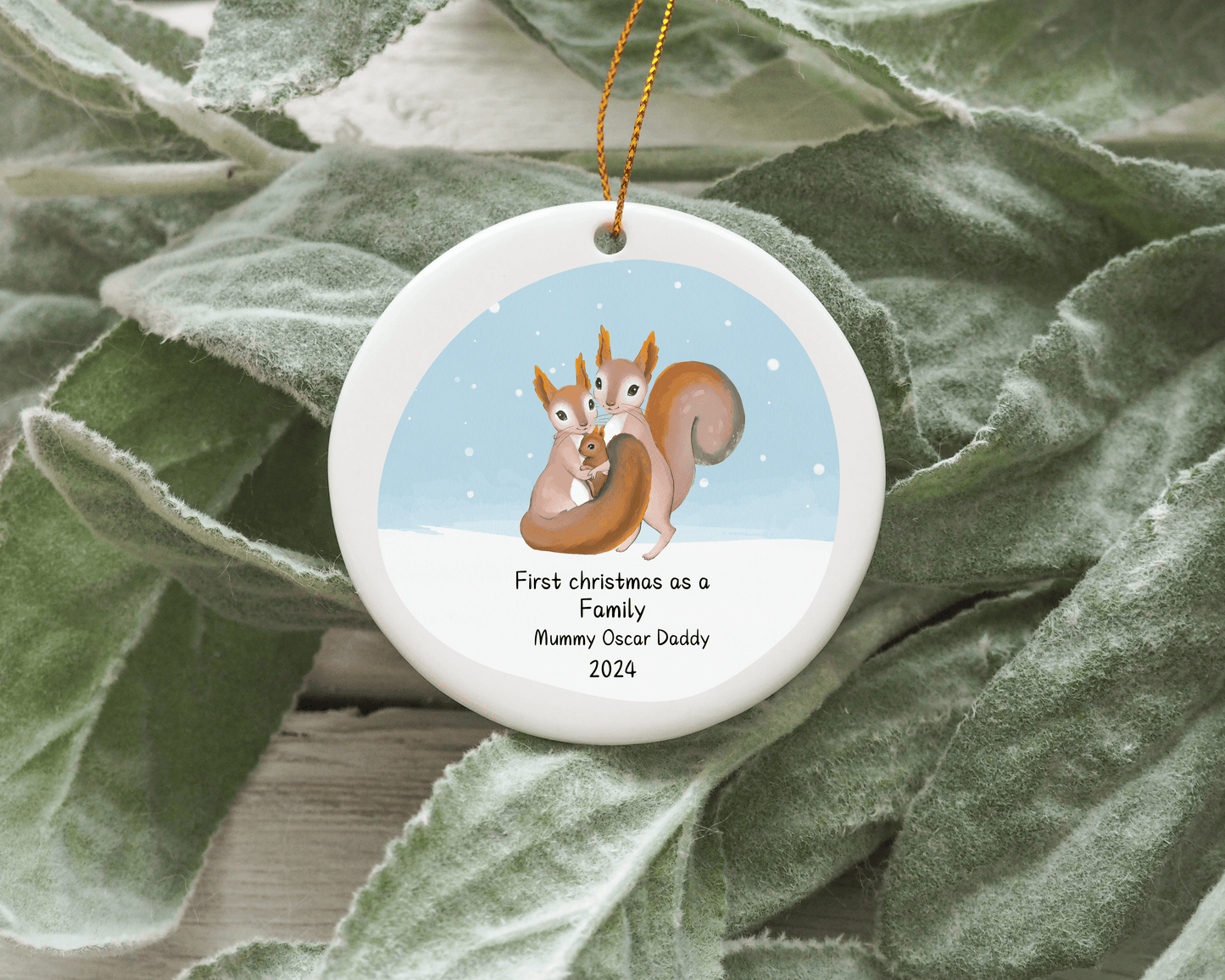 Personalised Squirrel First Christmas As A Family Grandparents Mummy Family Of Three Tree Ornament Bauble