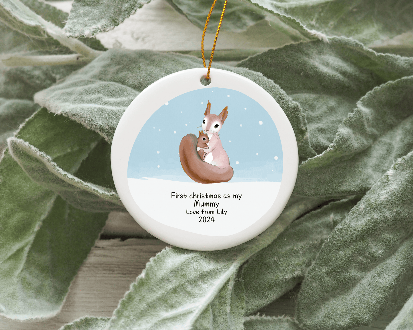 Personalised Squirrel First Christmas As A Family Grandparents Mummy Family Of Three Tree Ornament Bauble