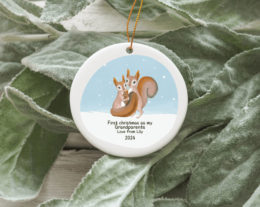 Personalised Squirrel First Christmas As A Family Grandparents Mummy Family Of Three Tree Ornament Bauble