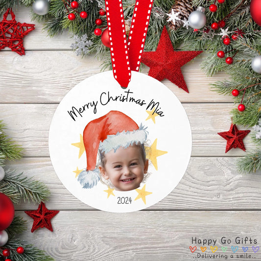 Personalised Photo Kids Adults Christmas Custom Bauble Santa Hat